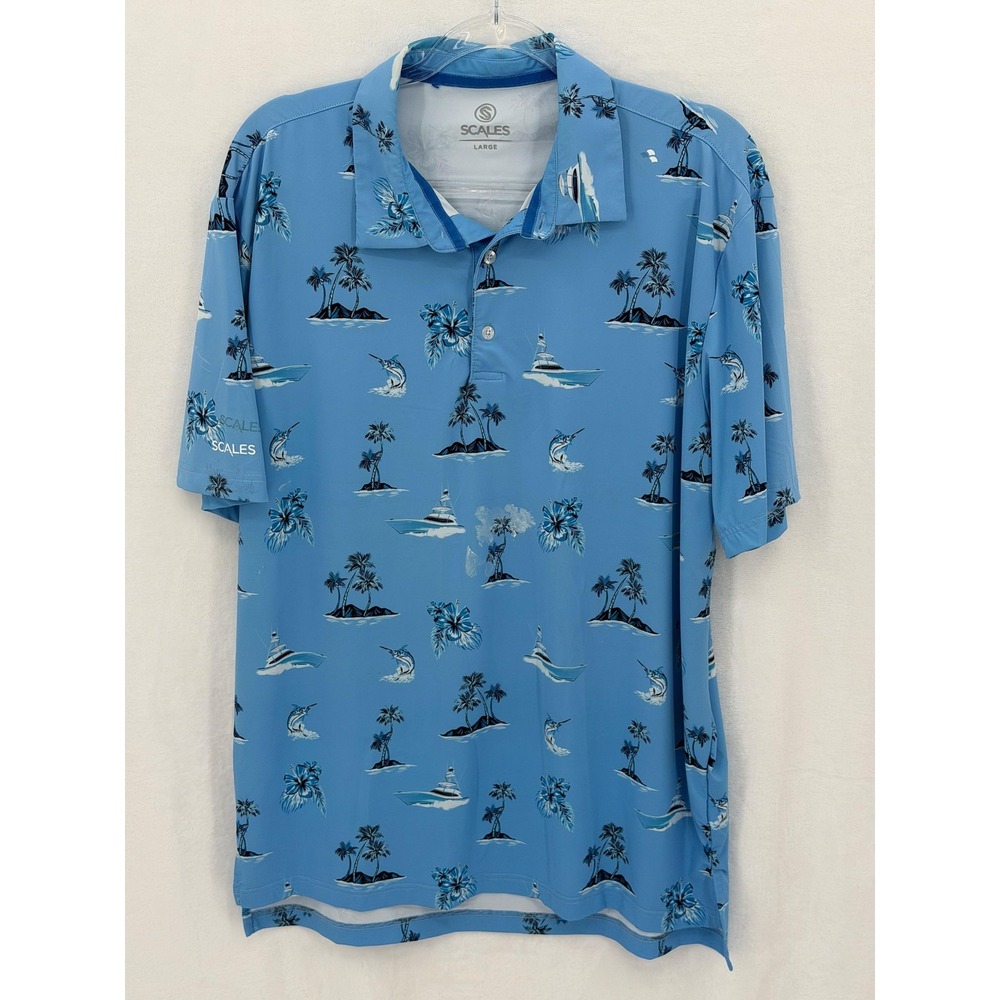 Scales Shirt Mens Large Blue Polo Boat Marlin Palm‎ Fishing Golf Active Summer